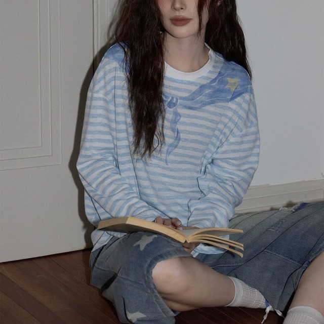 【カットソー】 カットソー レディース おしゃれ 長袖 カットソー tシャツ 春 夏 秋 20代 30代 40代 50代 レディース トップス 大人 可愛い きれいめ ボーダー ライトブルー 水色 S M L