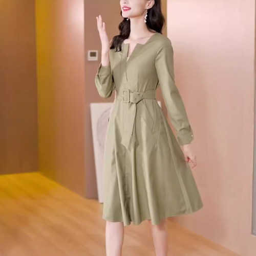 膝丈ワンピース レディース ワンピース 長袖ワンピース Ｖネック キーネック ハイウエスト ウエストベルト Ａラインスカート きれいめ エレガント お出かけ おしゃれ 通勤 オフィス OL 女性
