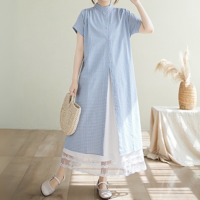 チェックシャツワンピ＆レーススカートセット（2色）11030