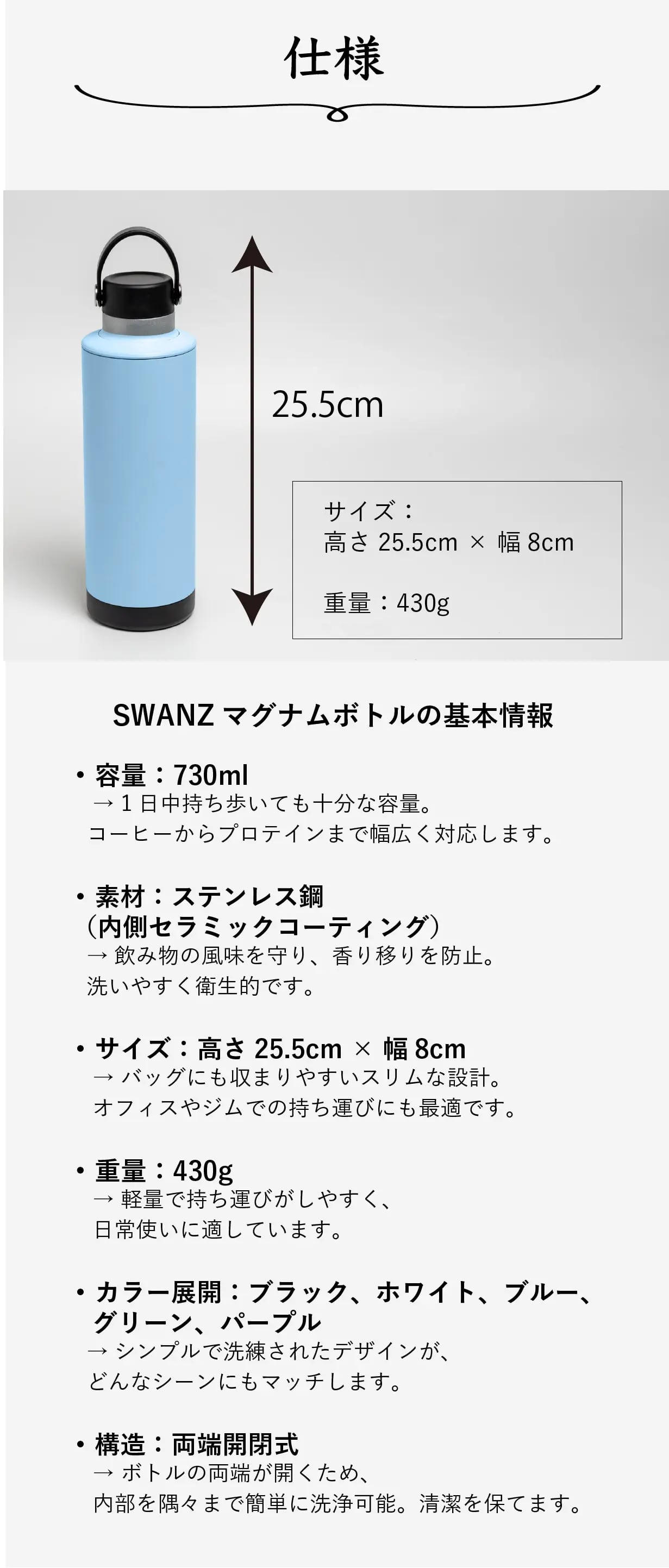 Swanz マグナムボトル 洗いやすい両端開閉 730ml ボトル | swanz-japan