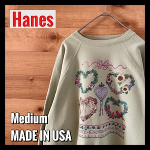 【Hanes】USA製 プリント スウェット トレーナー ハート リーフ かわいい系 アメリカ古着