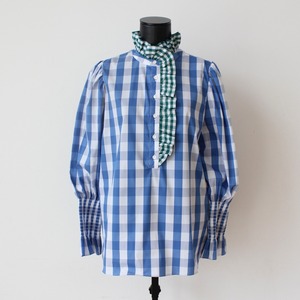 VILAGALLO ブルー✖️ホワイト＋グリーンギンガムチェックプリントフリルシャツブラウス　SPAIN:VIL33889 ¥28,000+tax