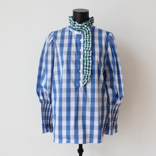 VILAGALLO ブルー✖️ホワイト＋グリーンギンガムチェックプリントフリルシャツブラウス　SPAIN:VIL33889 ¥28,000+tax