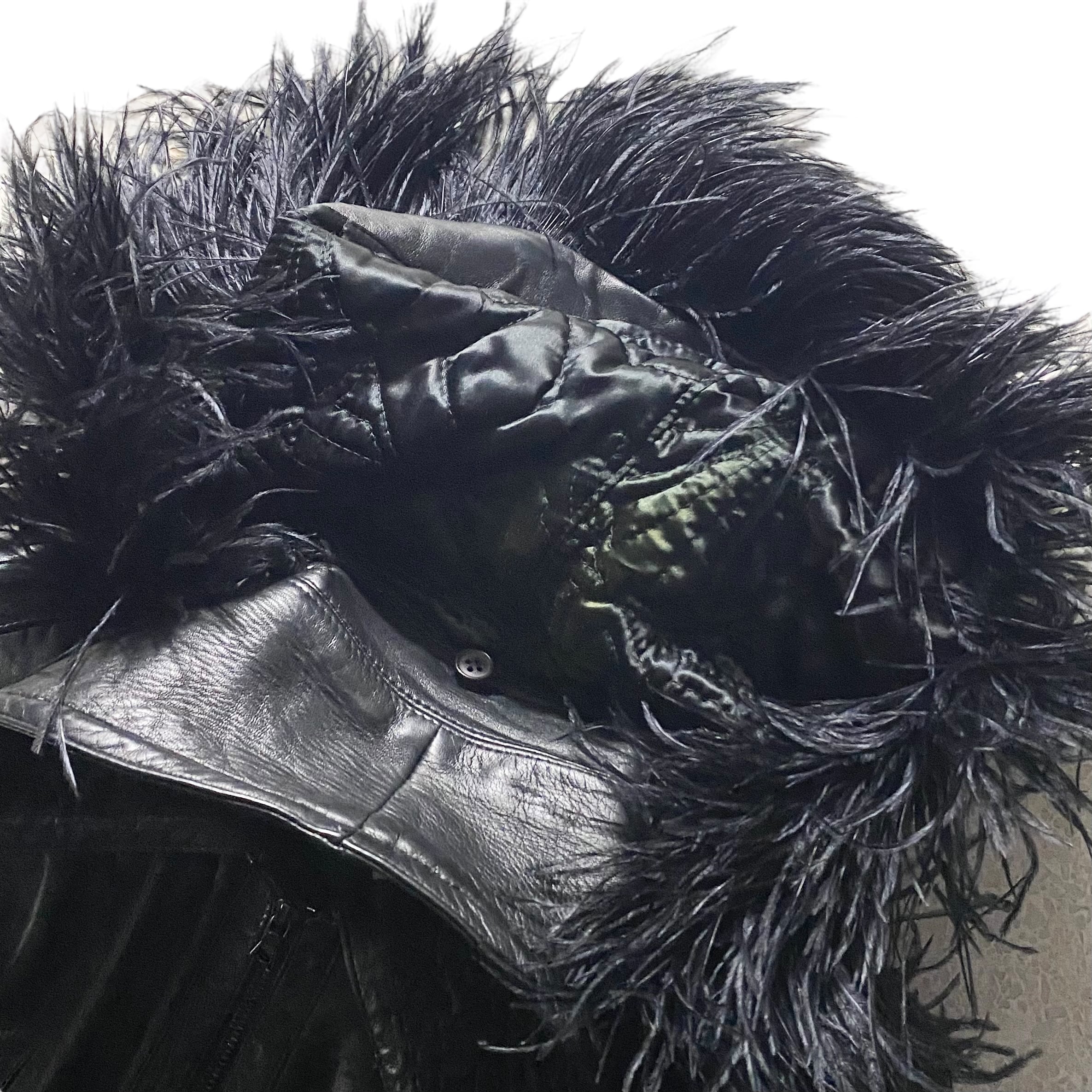 archive GIANNI VERSACE black leather coat with removable feather