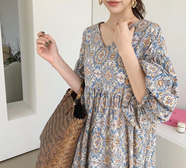 【2color】エスニックパフスリーブワンピース