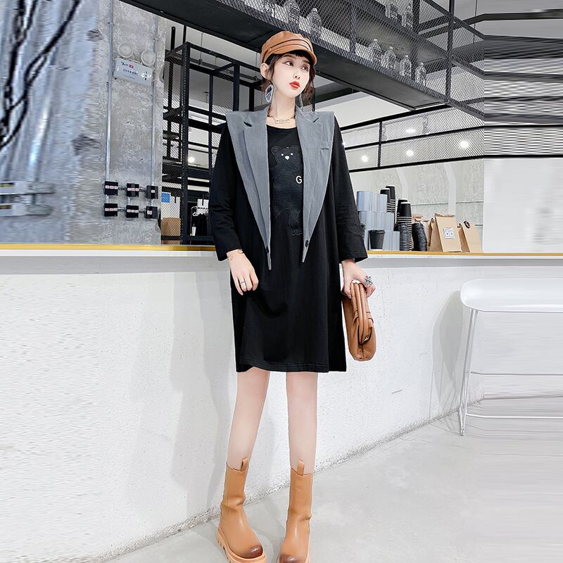 2020年秋新作プラスサイズレディースネットショールジャケットファットシスターmmルーズスリムワンピースツーピース ミックスインファッション90891051543