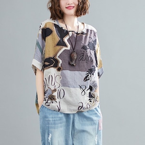 PRINT CREW NECK LOOSE SHORT SLEEVE T-SHIRT M-17972