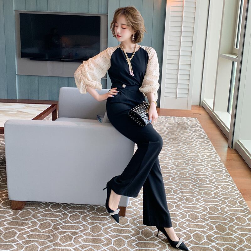 カラー水玉プリントスリーブラウンドネックトップス ウェスト薄手パンツ セット オータム 秋物 Oネック ステッチ MIUCO66178283681