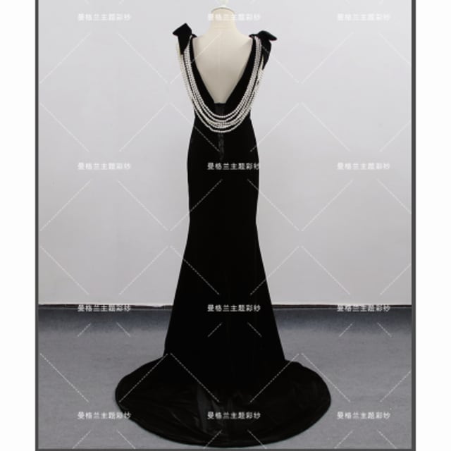 ヘプバーン風！パーティードレス 黒 マーメイドライン 背中見せ シアー  