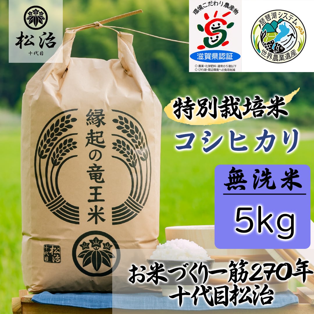 令和5年産新米】特別栽培米　お米づくり一筋270年　5kg　滋賀県産コシヒカリ「縁起の竜王米」　無洗米　十代目松治