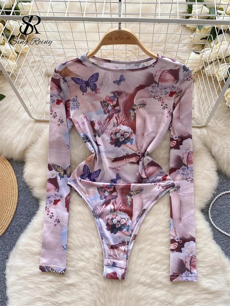 Sing補強-バタフライプリントレトロボディ、スプリングロングスリーブ、スリム、オープンクロッチトップ、ヴィンテージプレイスーツ、ストリートウェア、y2k、2022_406