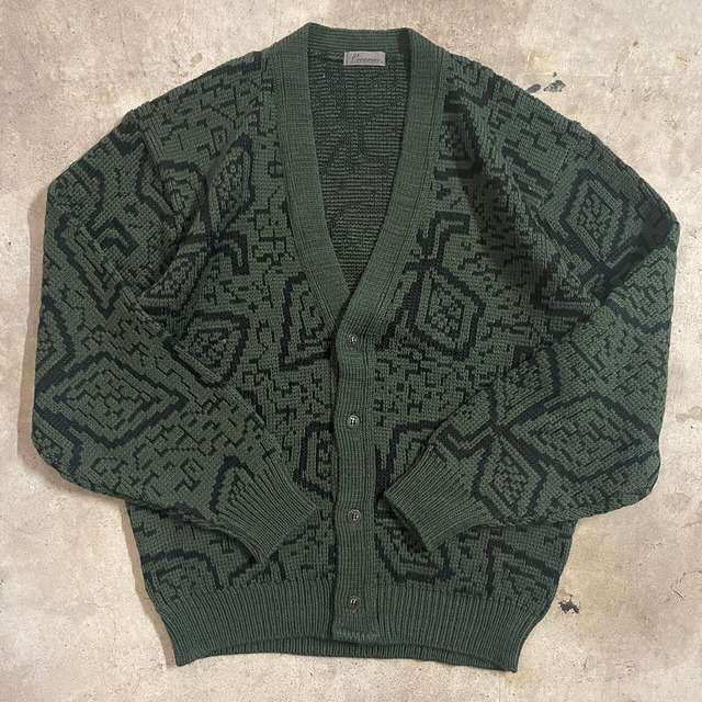 【vintage】design moss green patterned knit cardigan(lsize)0330/tokyo
