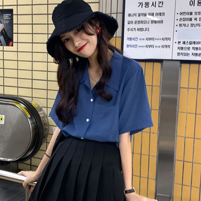 スリミングラペル半袖ポケットシャツ2020年春夏ルーズスリミングシャツシングルブレストボトムトップス女性 YY-ファッション11291199699