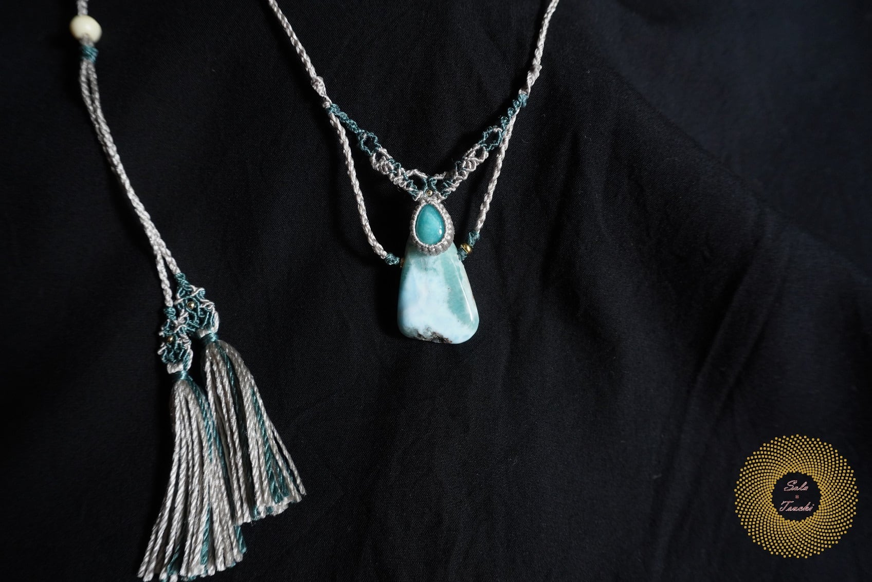 絹糸）ラリマーとアマゾナイトのマクラメ編みペンダント 〜Breath of