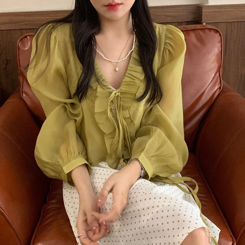 薄手ソリッド カラーレースカーディガンサマースタイル水玉Vネックスカート 夏物 ソリッドカラー ビッグFスモールZ韓国58779003484