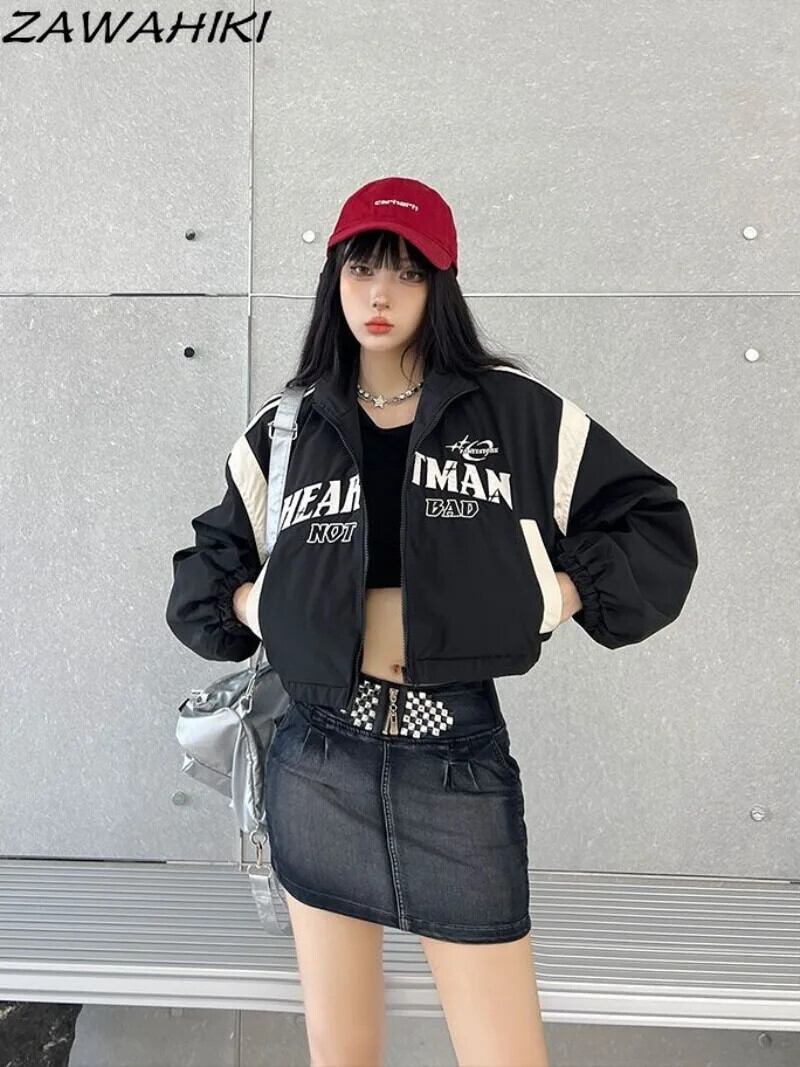 ジャケット女性 Y2K ed レタープリントパッチワークコントラストカラー