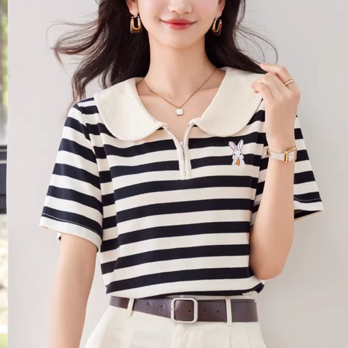 ハーフジップラウンドカラーボーダートップス ・76107