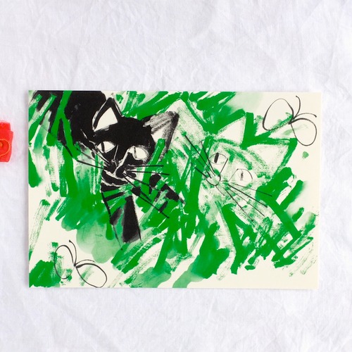 【きくちちき】ポストカード「しろねこくろねこ・みどり」