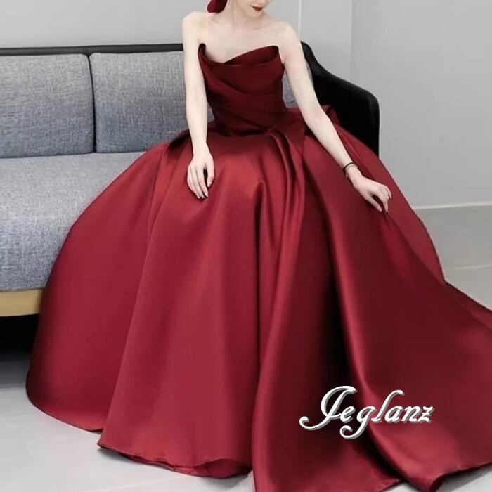 優雅 サテン ウエディング カラードレス ベアトップ ミニマル 光沢感 ♪(M8777)π