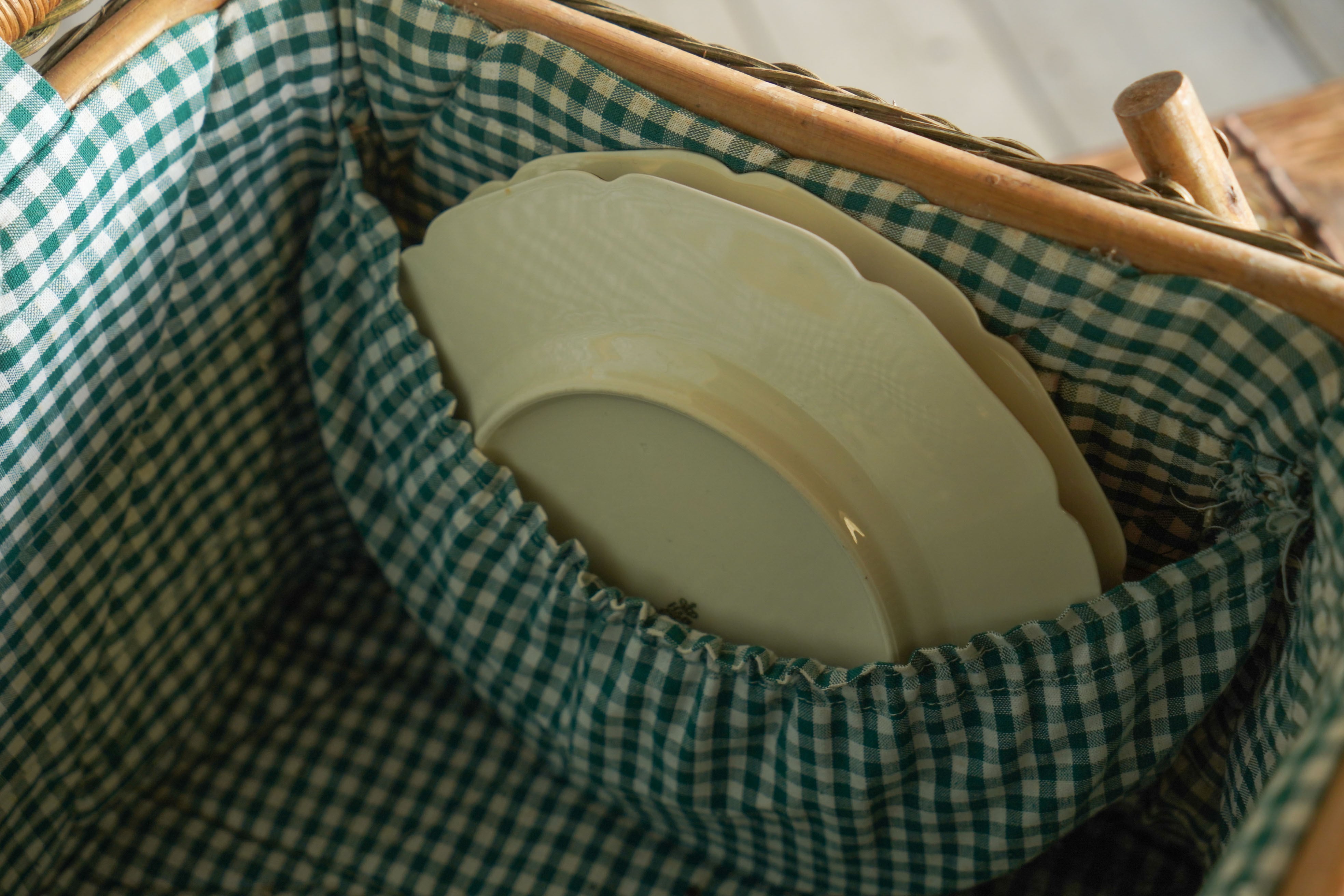 フランスアンティーク ラタン チェック柄 バスケット