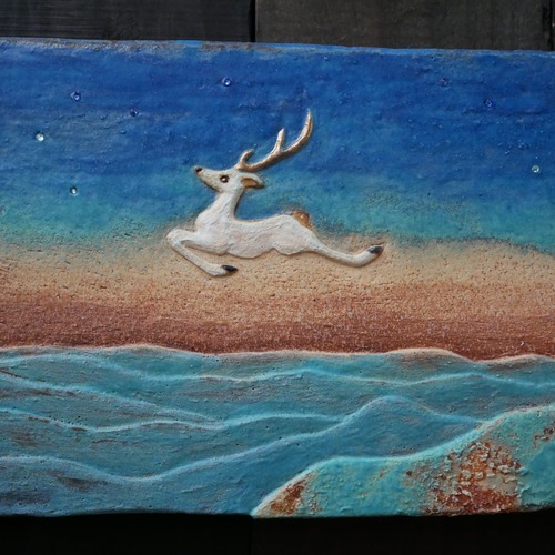 白鹿と富士 陶板レリーフ