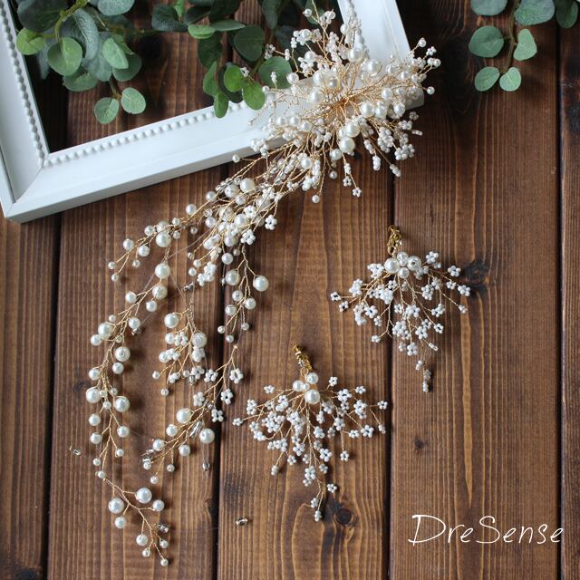 パールシャワーヘッドドレス＋イヤリングセット 小枝アクセサリー