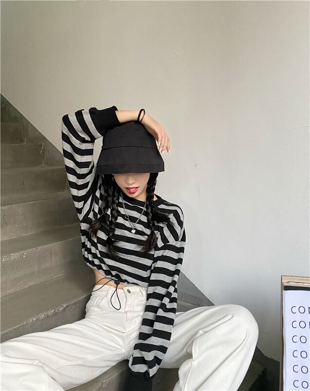 ドローストリングブラックストライプ長袖フードレスセーターレディース秋ルーズプルオーバージャケット2020新作クロップトップ ブラックストロベリース91973312619