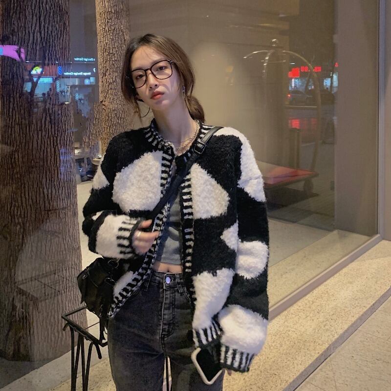 セーター カーディガンジャケット ブラックホワイト格子柄ルーズスタイルスプリングトップス 春物 ブラックストロベリース37888653104