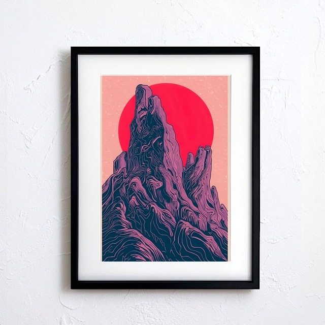 Crimson Peak Flow｜赤い太陽と抽象山岳が描くモダンアートポスター｜有機的ラインが印象的な現代風景画｜A3ポスター