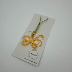 水引ストラップ　蝶キーホルダー　黄×ゴールド