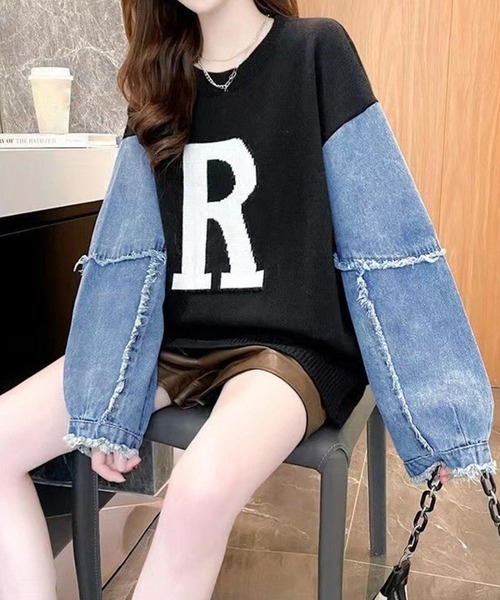 トップス 異素材 デニム オーバーサイズ レディース 春 秋冬 新品 長袖