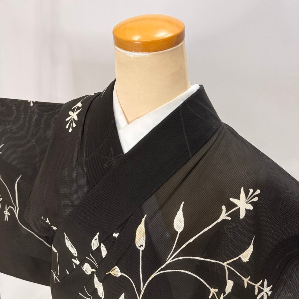 小紋 夏 絽 夏用 洗える着物 裄65.9cm 身丈165cm 花柄 お洒落着 普段着 ポリエステル 黒 美品 M サイズ 5973