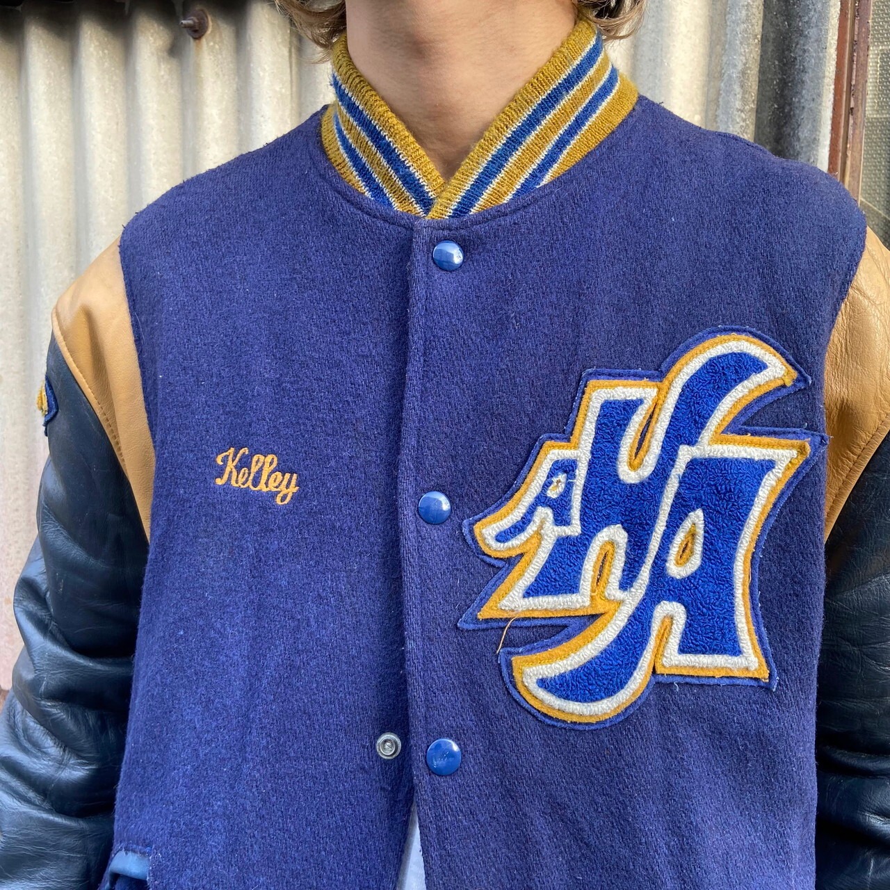 80年代 USA製 TROPHY JACKET 袖レザー ウールスタジャン ワッペン 