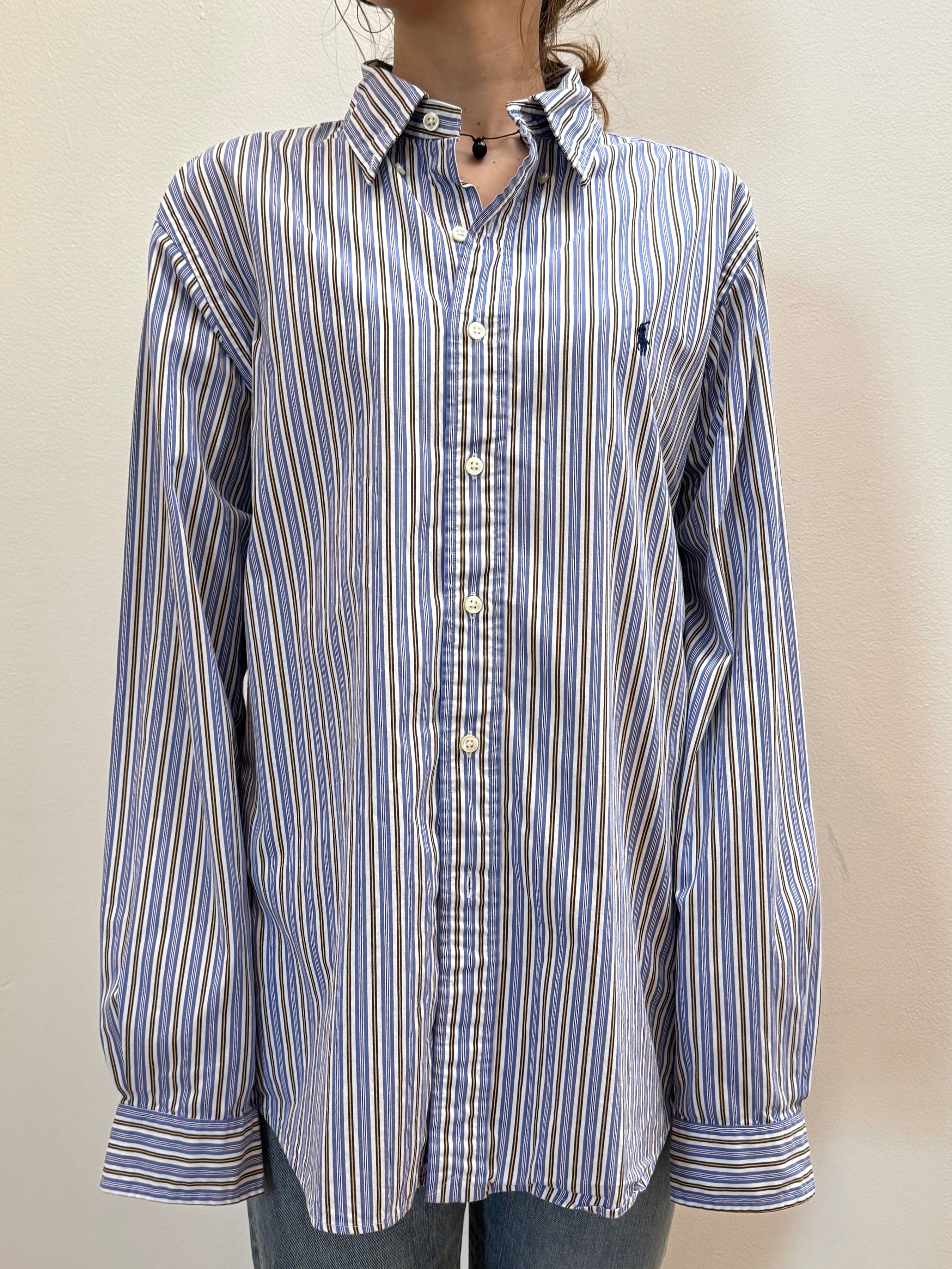 BL9-5 USED Ralph Lauren STRIPE SHIRT -L- "BLUE×YELLOW"