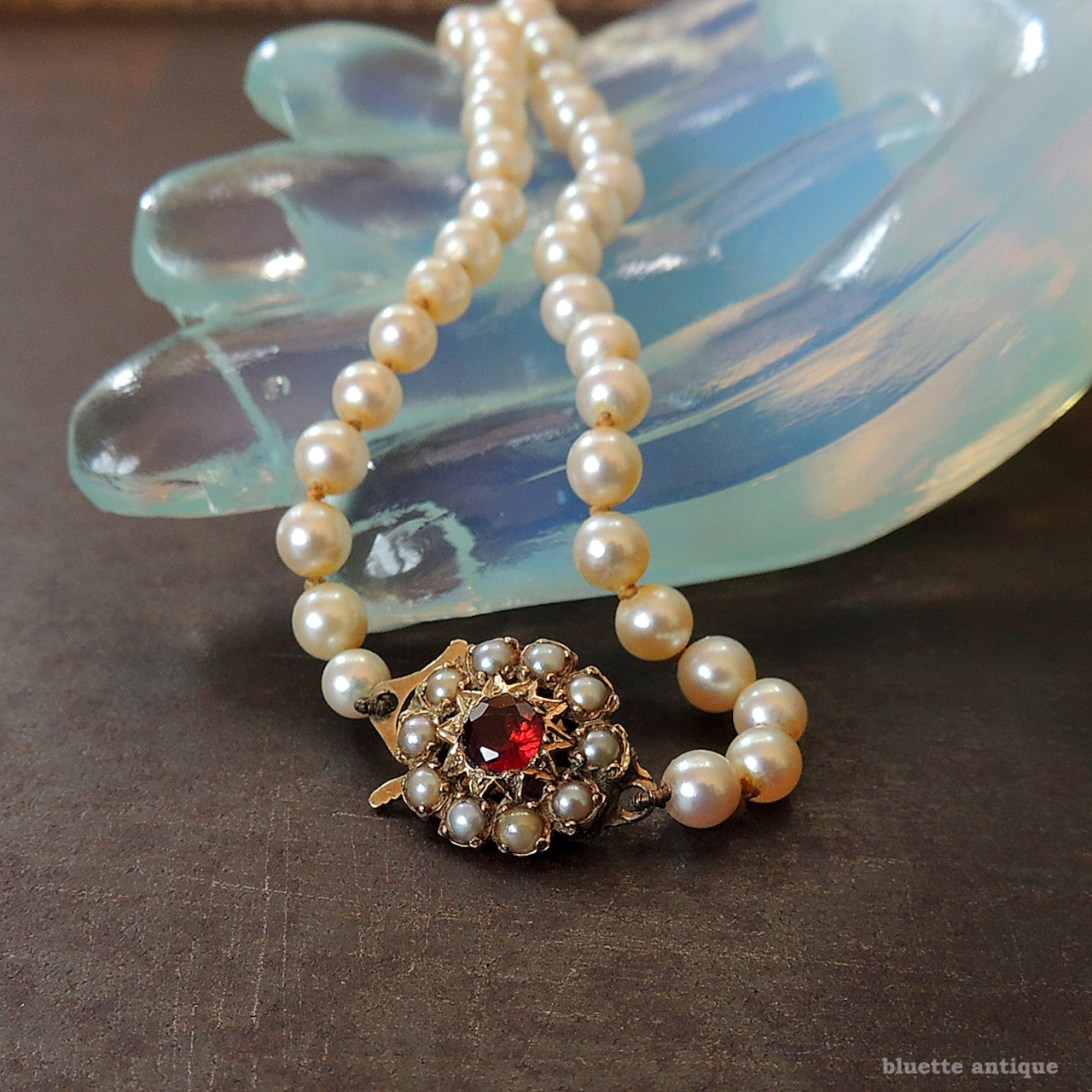 アンティークジュエリー 9ctゴールド アコヤ真珠 天然ロードライトガーネット ネックレス(ソーティングメモ付)
