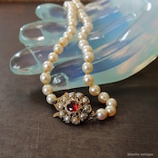 アンティークジュエリー 9ctゴールド アコヤ真珠 天然ロードライトガーネット ネックレス(ソーティングメモ付)