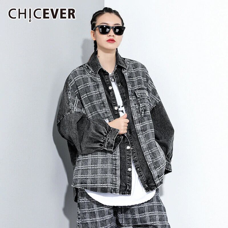 CHICEVERチェック柄デニムジャケットレディースラペルカラーランタン長袖ヒットカラーヴィンテージポケットコート2020 ロング ビンテージ 6base521978541582