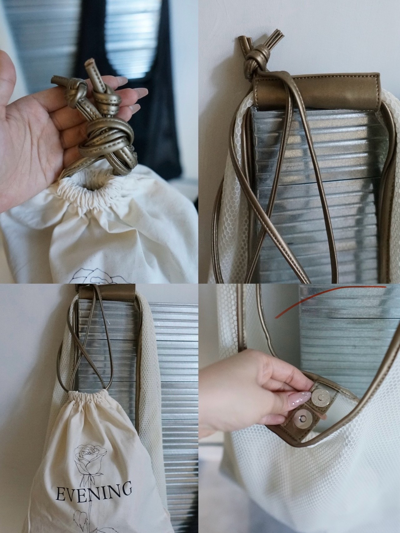 [Rose] mesh×leather triangle 3way  tote 巾着バッグ・メッシュショルダーバッグセット/White