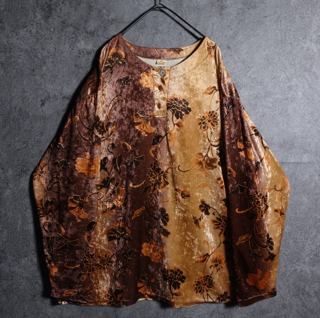 Flower pattern velor pullover shirt