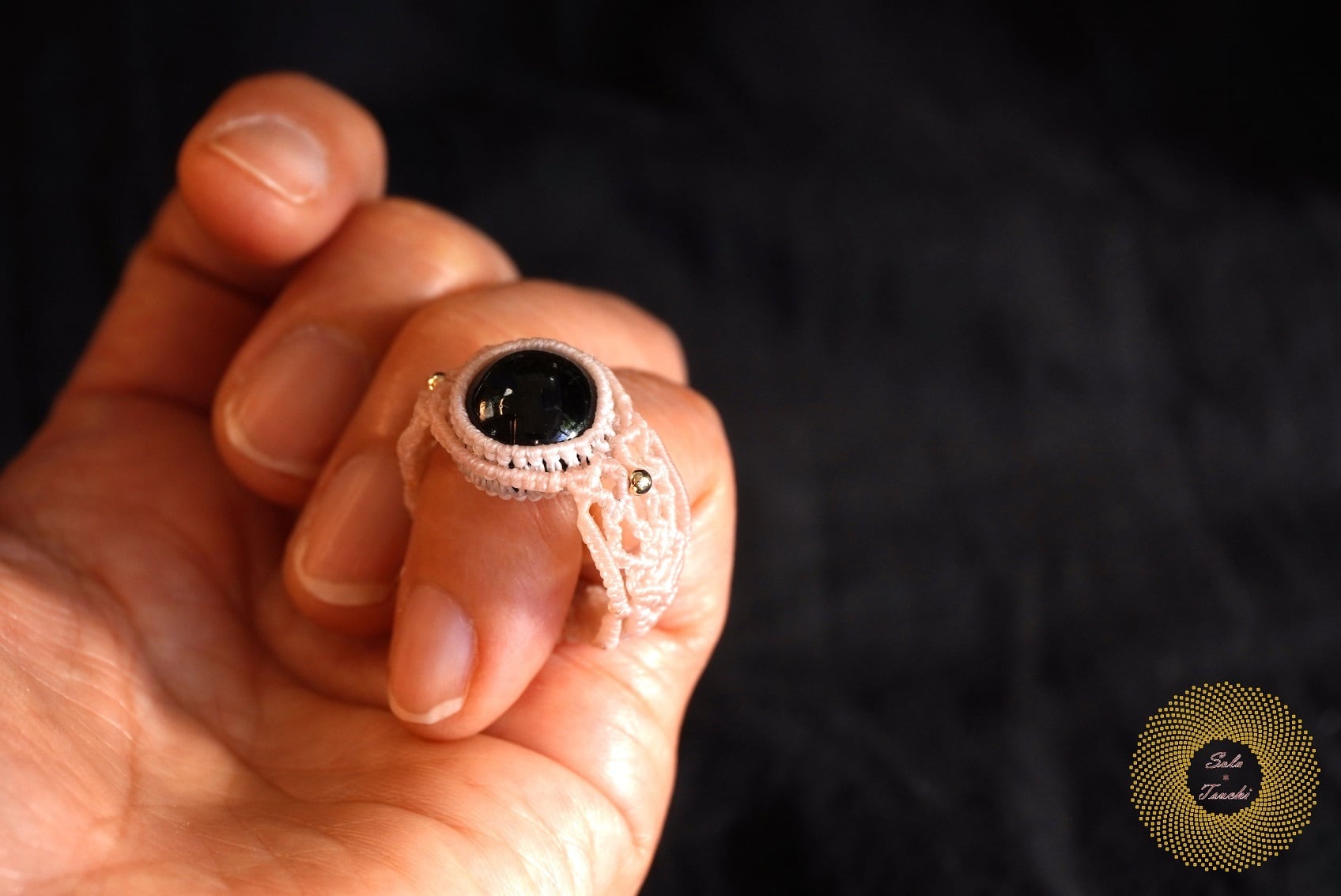 ワックスコード）ブラックスターダイオプサイトのマクラメ編みリング