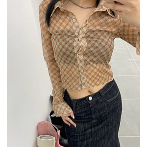 [KIIKO] Check checkisru crop blouse 正規品 韓国ブランド 韓国代行 韓国通販 韓国ファッション ブラウス