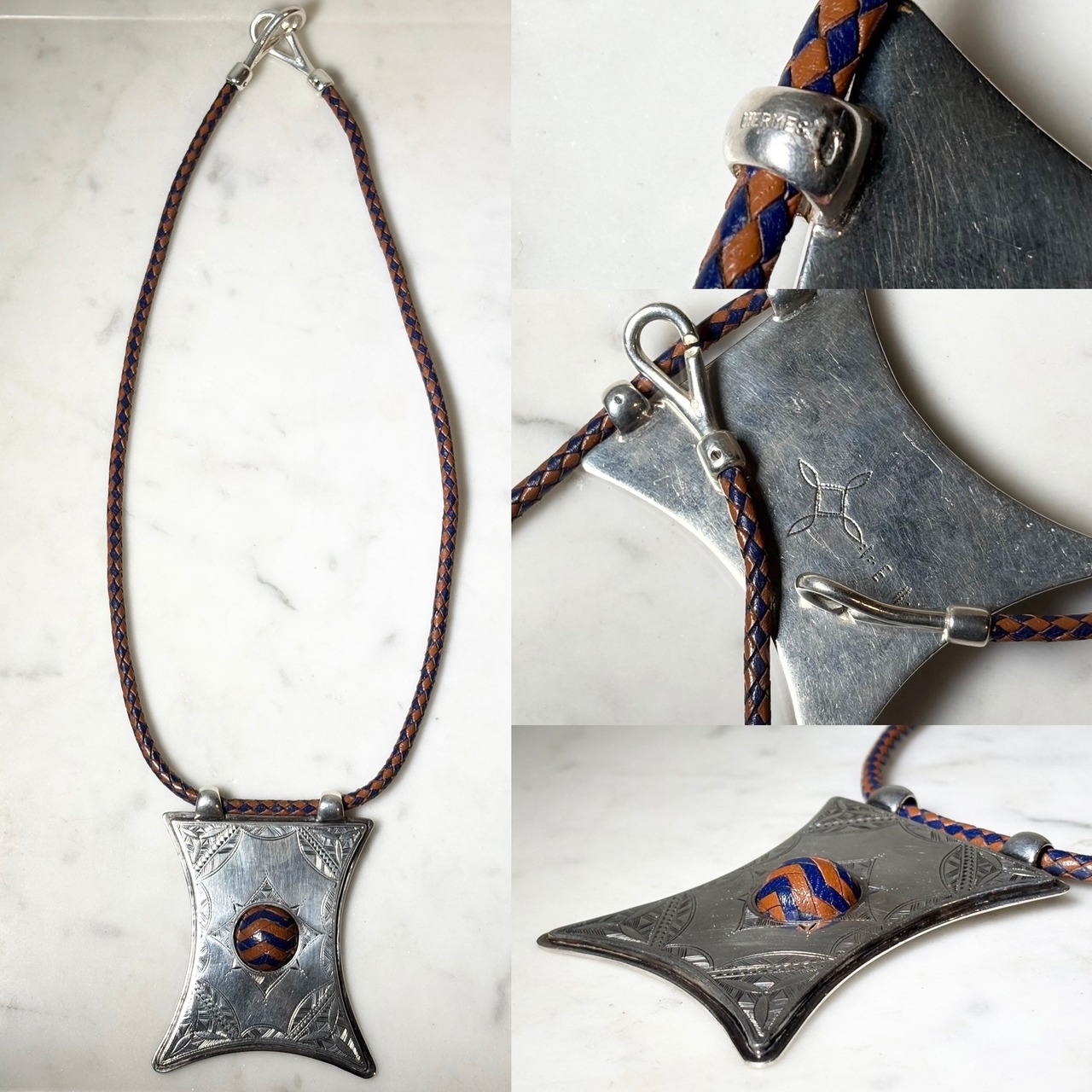 HERMES silver × leather necklace “Touareg”