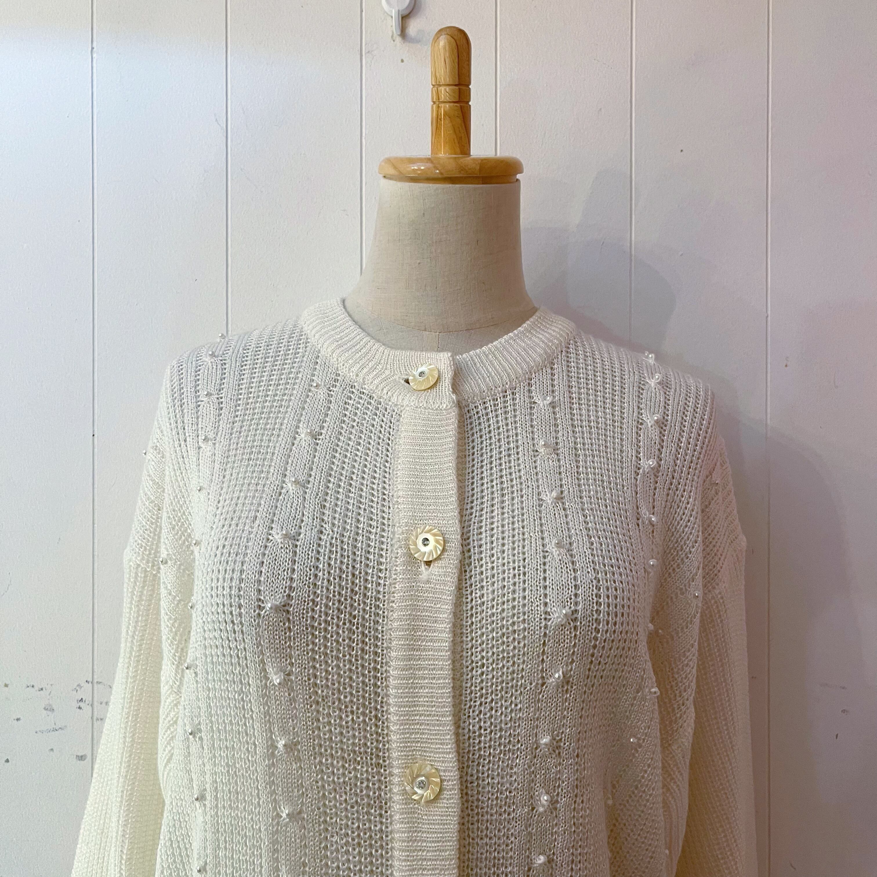 mini pearl beads white knit cardigan