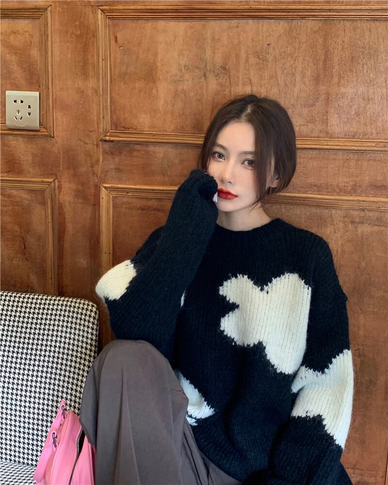 セーター ルーズFlowerデザイン プルオーバー スプリングスタイルブラックトップス 春物 フラワーデザイン ブラックストロベリース41978162220