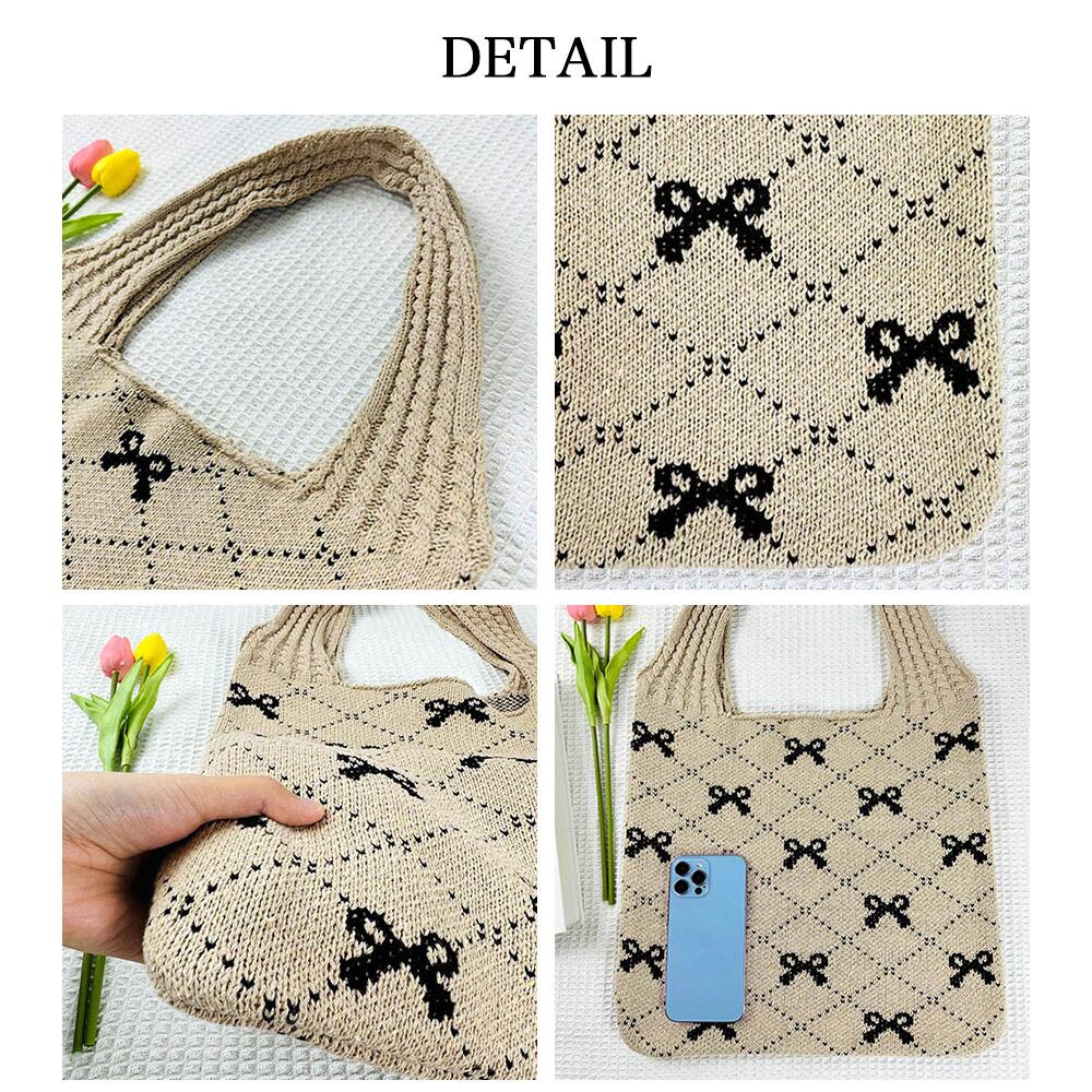 リボン柄 ニット トートバッグ レディース 韓国 大容量 大人 かわいい おしゃれ 通勤 通学 エコバッグ 折り畳み 軽量 A4 きれいめ カジュアル 大人可愛い 大人女子