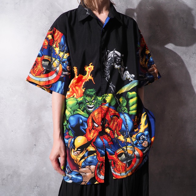 ” MARVEL ” all star printed open collar Box silhouette shirt