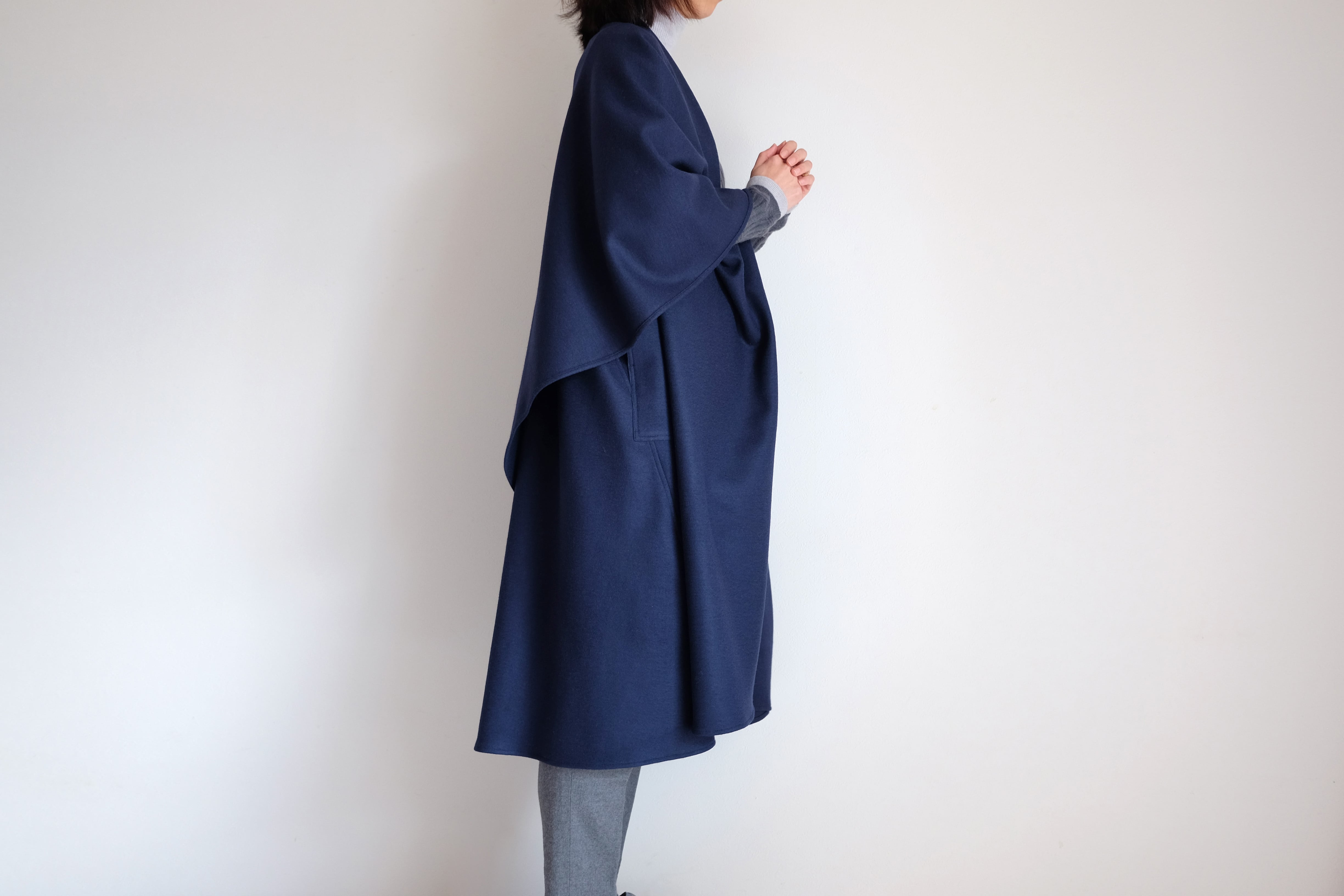 BLUE BLUE ネップ ウール ロングコート ネイビー Lサイズ 日本製 ロング ケープ コート Re_1say /圧縮 ウール ジャージー【 ネイビー