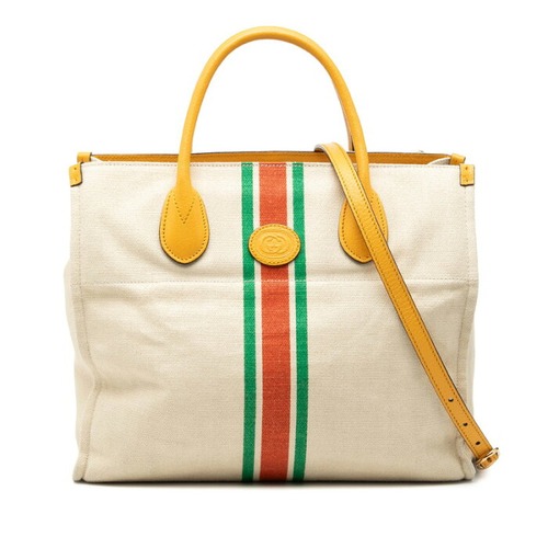 グッチ シェリーライン トートバッグ ショルダーバッグ 2WAY 657422 イエロー ホワイト キャンバス レザー レディース GUCCI 【中古】
