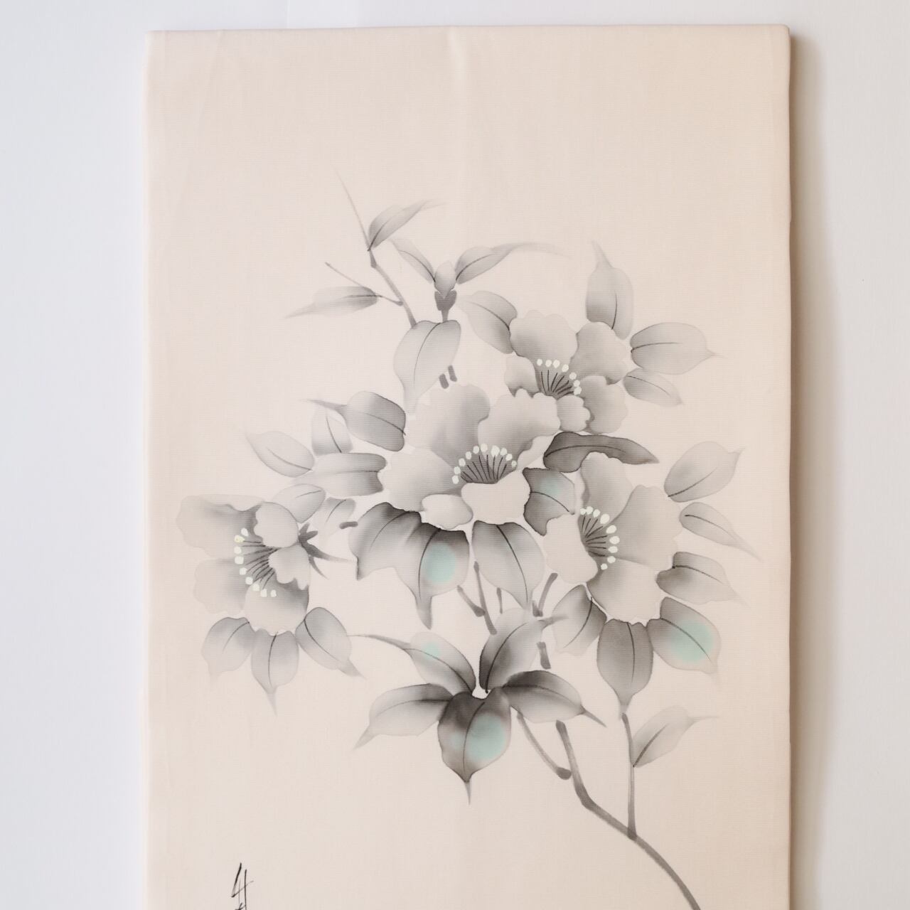BBお仕立て上がり正絹塩瀬名古屋帯 白地に水墨画の花柄 落款入り