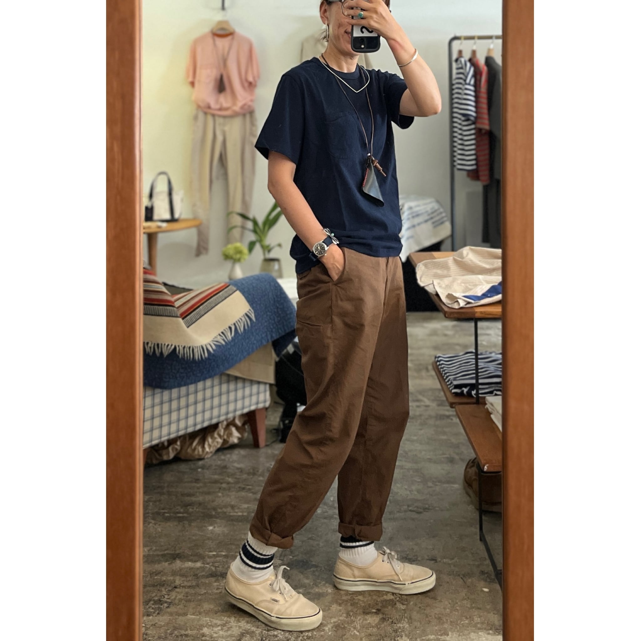 め*ん様 ヴィンテージ　ラリーキルト　グリーンブラウン Simva123-0081-Brn 遠州織 Pin-Stripe Long Pant Brown×Olive | O